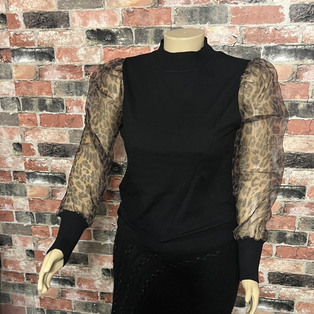 Chic Black Blouse with Sheer Animal Print Sleeves